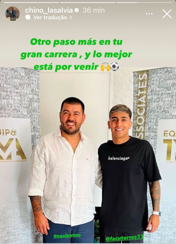 Empresário de Facundo Torres posou ao lado do jogador com legenda sugestiva após o Palmeiras avançar na contratação