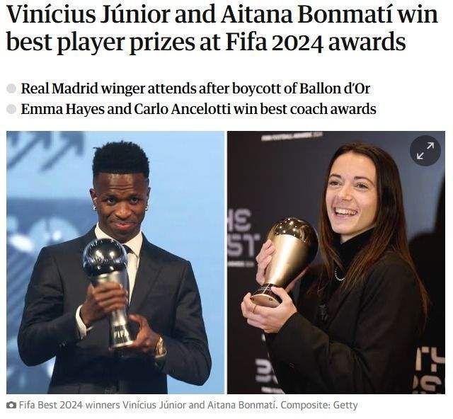 Jornais europeus exaltam ‘vingança’ de Vini Jr. sobre Rodri em prêmio The Best