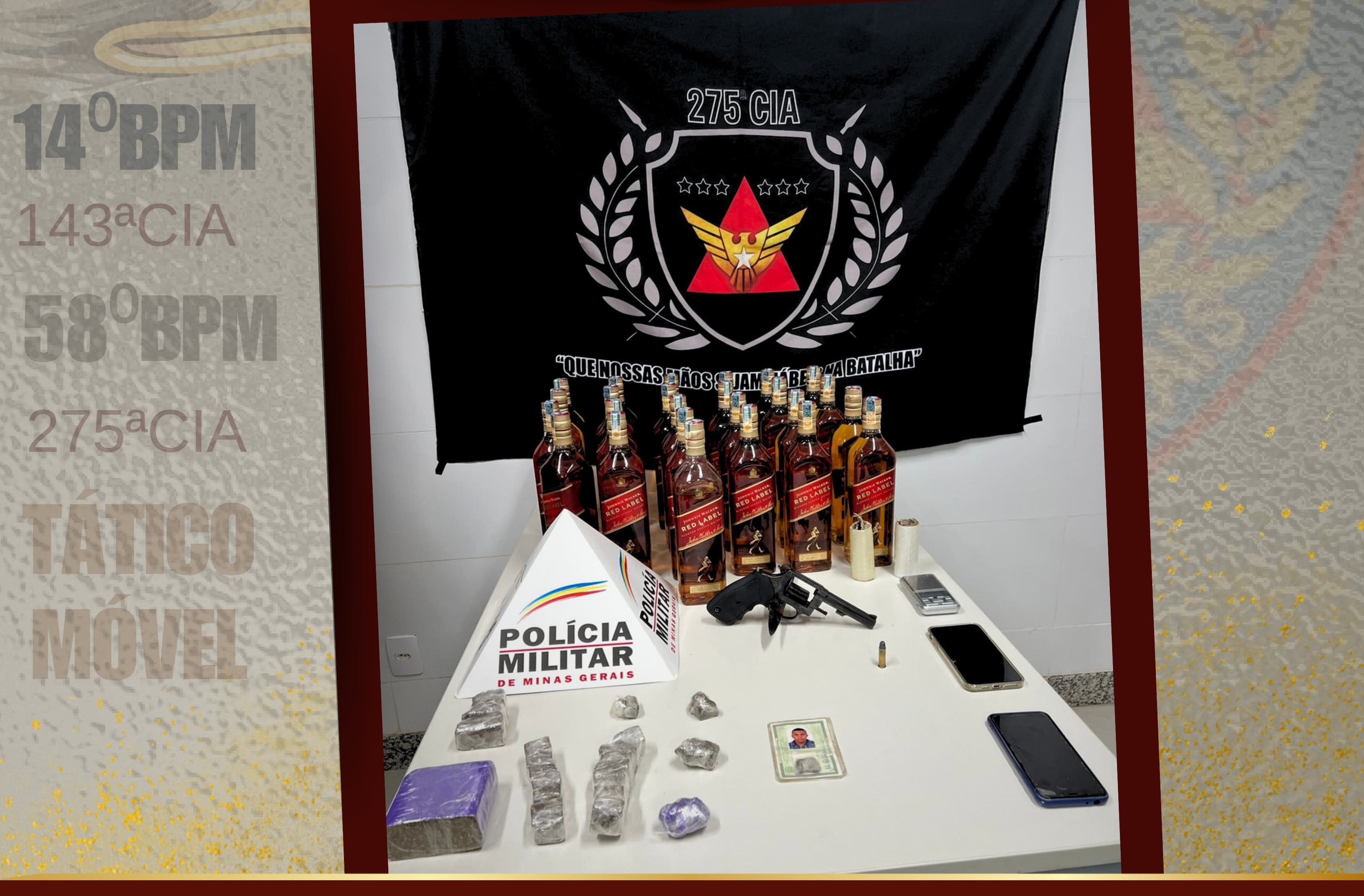 Operação contra o tráfico apreende arma, drogas e 25 garrafas de whisky em Fabriciano