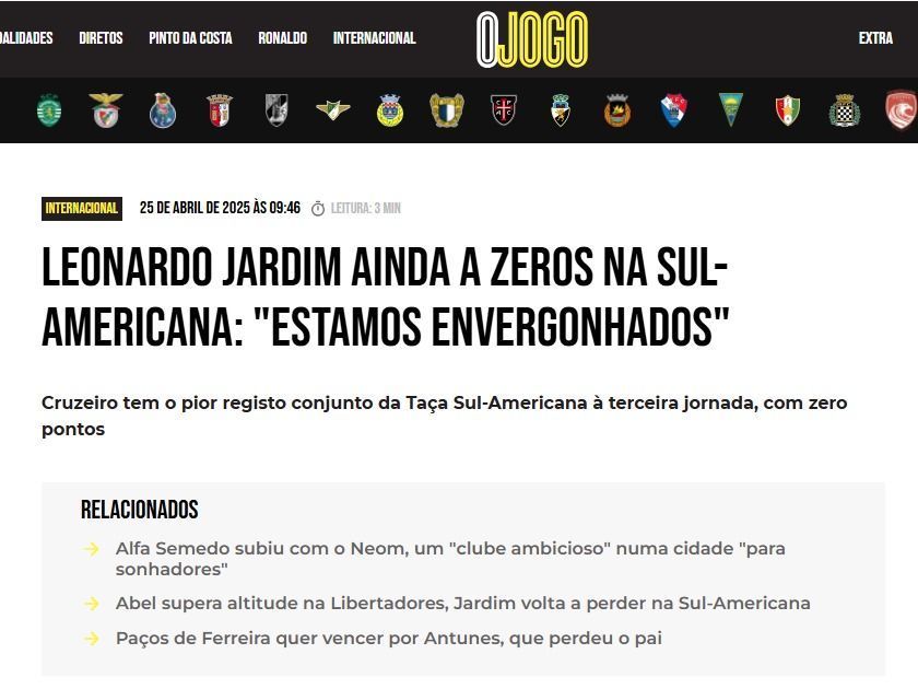 Imprensa portuguesa repercute declarações de Jardim após derrota do Cruzeiro