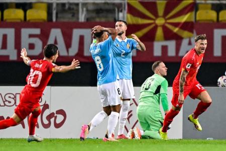 Jogadores da Macedônia do Norte comemoram gol contra a Bélgica