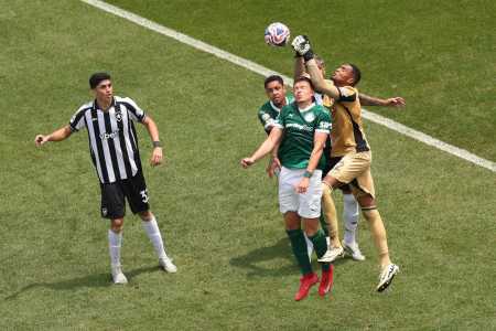 Disputa de bola dentro da área do Botafogo, no embate diante do Palmeiras