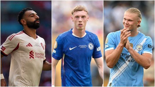 Salah (esq), do Liverpool, Cole Palmer (centro), do Chelsea, e Haaland (dir), do City