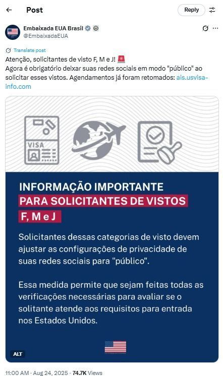 EUA passam a exigir perfis públicos em redes sociais para vistos de estudo e intercâmbio