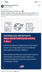 Nova divulgação da Embaixada dos EUA sobre solicitação de visto para estudo e intercâmbio