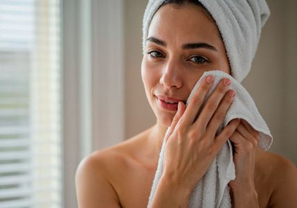 Mulher passando uma toalha no rosto