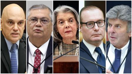 Ministros Alexandre de Moraes, Flávio Dino, Cármen Lúcia, Cristiano Zanin e e Luiz Fux