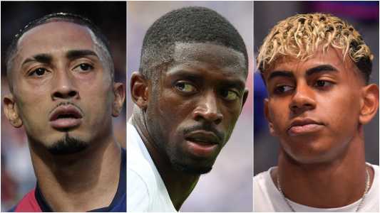 Raphinha (esq), do Barcelona, Ousmane Dembele (esq), do PSG, e Lamine Yamal (dir), do Barcelona