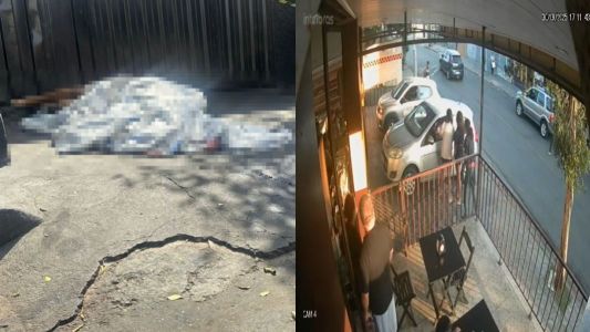 Na primeira imagem, o corpo de Cleiton Luiz após ele ser executado com dezenas de tiros na segunda imagem, o momento em que uma adolescente que estava no banco do carona do homem atira em garota de 17 anos
