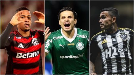 Samuel Lino (esq), do Flamengo; Raphael Veiga (centro), do Palmeiras; e Dudu (dir), do Atlético