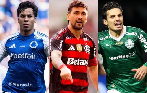 Kaio Jorge, Arrascaeta e Raphael Veiga em ação por Cruzeiro, Flamengo e Palmeiras, respectivamente