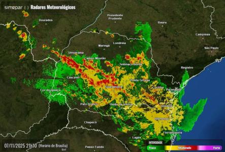 Radares meteorológicos do Simepar mostram atividade atmosférica no estado do Paraná nessa sexta-feira (7)