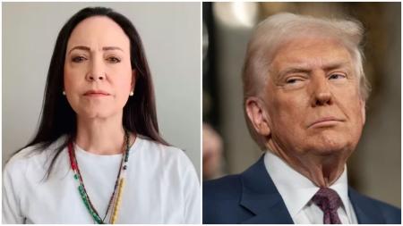 Na foto, a opositora venezuela, María Corina Machado, e o presidente dos Estados Unidos, Donald Trump