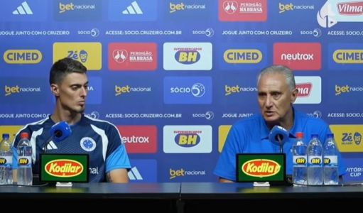 Matheus Bachi e Tite durante entrevista coletiva pelo Cruzeiro