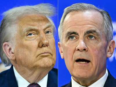 Montagem com imagens de Trump e Mark Carney em Davos