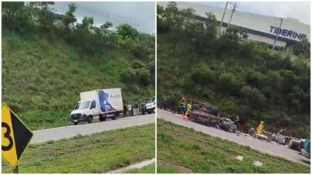 Caminhão tomba e motorista fica preso às ferragens na BR-262