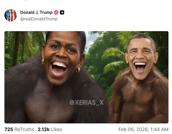Montagem apresenta rostos de Michelle e Barack Obama como macacos