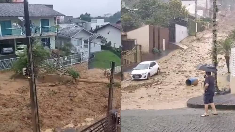 Vídeo: chuva causa 'avalanche' de lama em rua de Blumenau, em Santa Catarina