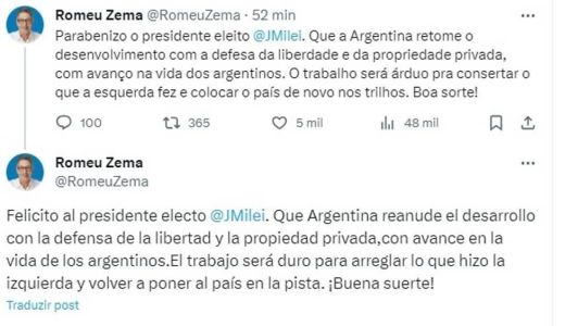Zema comemora eleição de Milei
