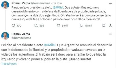 Zema comemora eleição de Milei