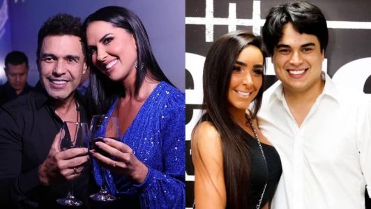 Zezé di Camargo com a noiva, Graciele Lacerda, e filho Igor Camargo com a namorada Amabylle Eiroa