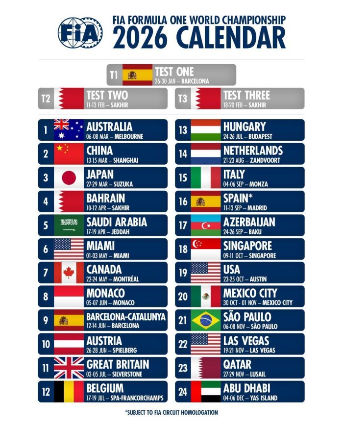 Calendário da temporada 2026 da Fórmula 1