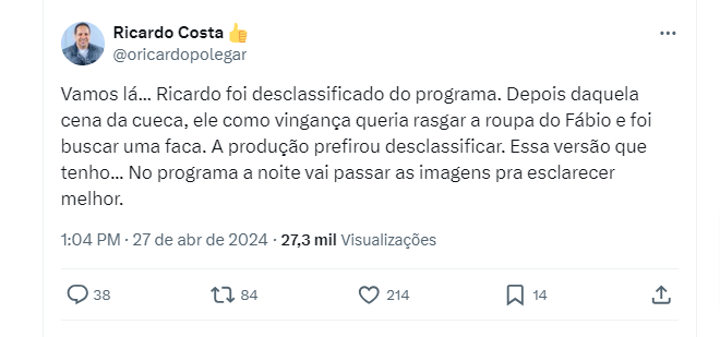 Equipe de Ricardo Costa informou, pelas redes sociais, que o participante foi expulso do reality A Grande Conquista