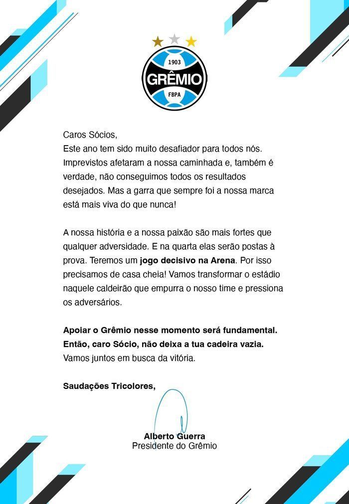 Carta da direção do Grêmio aos sócios-torcedores 