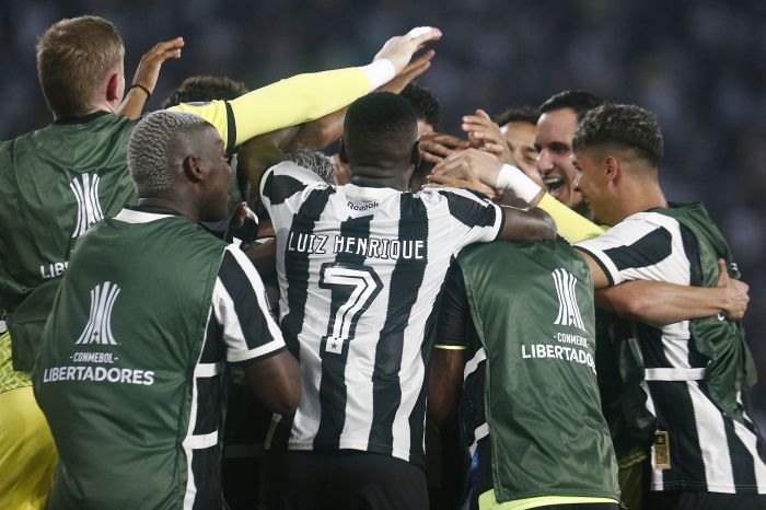 Jogadores do Botafogo comemoram a vitória diante da LDU, no Nilton Santos, pela Libertadores