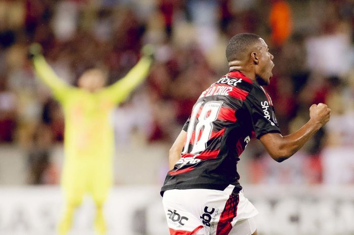 De La Cruz vibra com o gol de falta pelo Flamengo contra o Central Córdoba