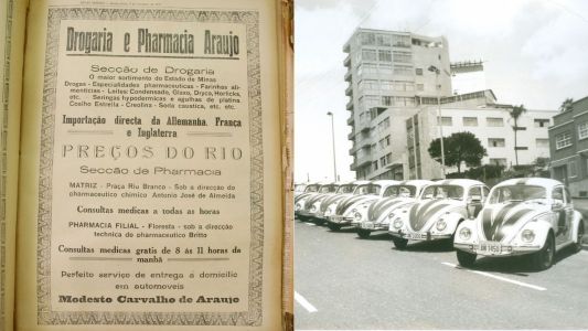 À direita, anúncio publicado no jornal Minas Gerais em 7 de setembro de 1927. À esquerda, fuscas usados nas entregas • Arquivo pessoal