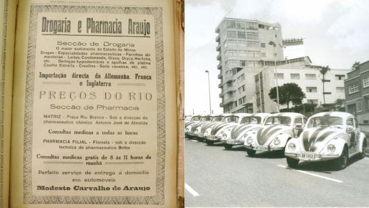 À direita, anúncio publicado no jornal Minas Gerais em 7 de setembro de 1927. À esquerda, fuscas usados nas entregas • Arquivo pessoal