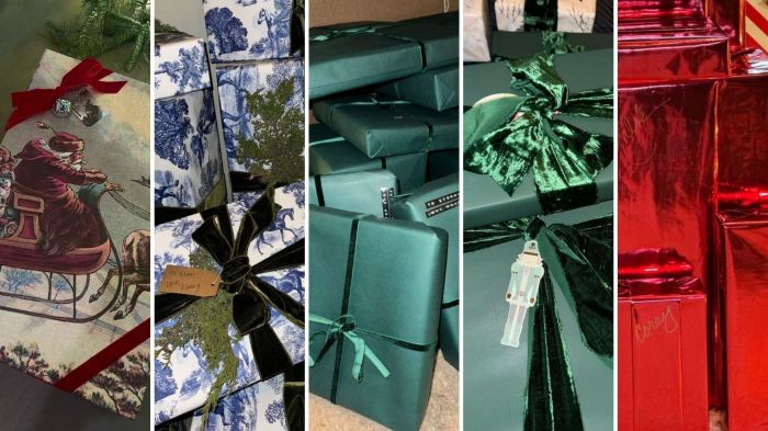 Embrulhos de presente das Kardashians, respectivamente: Kylie, Kendall, Kourtney, Khloé e Kris