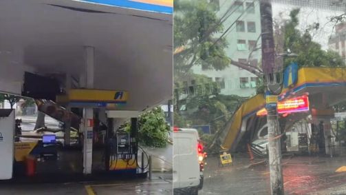 Árvore cai sobre posto de combustível durante temporal em BH e atinge carro