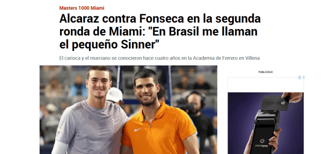 Manchete do Marca que destaca o jogo entre Carlos Alcaraz e João Fonseca •