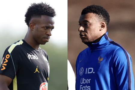 Vinicius Júnior, do Brasil, e Kylian Mbappé, da França