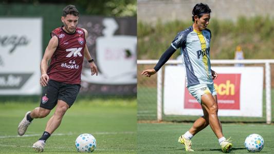Emmanuel Martínez, do Vitória, e Chico, do Mirassol, durante treino das equipes