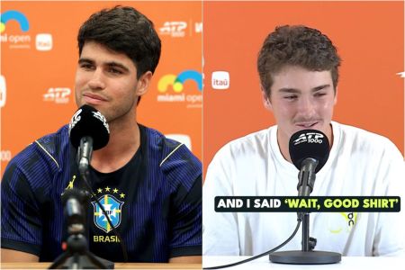 Carlos Alcaraz com a camisa da Seleção Brasileira e João Fonseca reage