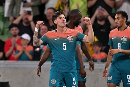 Seleção da Austrália celebra gol contra Curaçao