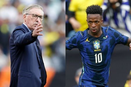 Carlo Ancelotti (à esq.) e Vini Jr. (à dir.)