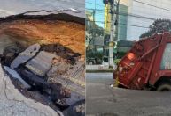 Buraco 'engole' carro da SLU no bairro Cidade Nova, em BH