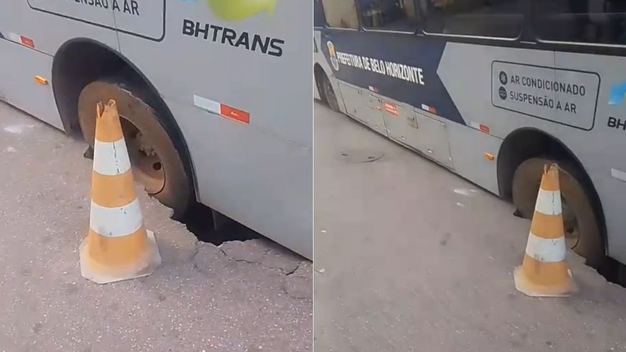 Ônibus fica com roda presa em cratera na região Nordeste de BH; veja vídeo