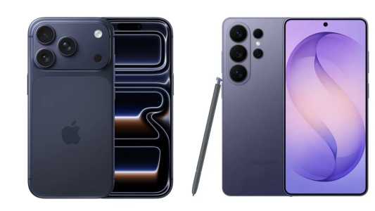 Montagem mostra os celulares iPhone 17 Pro, do lado esquerdo, e Galaxy s26 Ultra, do lado direito, ambos da cor preta