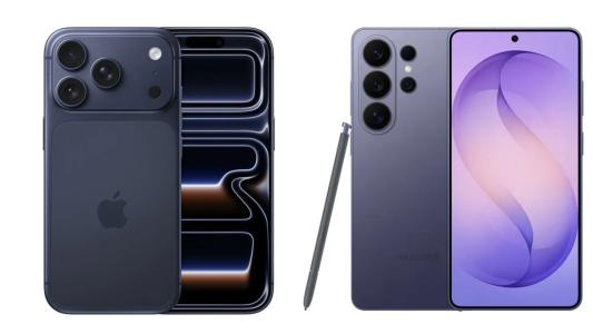 Montagem mostra os celulares iPhone 17 Pro, do lado esquerdo, e Galaxy s26 Ultra, do lado direito, ambos da cor preta