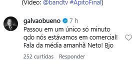Comentário do Galvão Bueno respondendo a provocação do Craque Neto • Reprodução/Instagram