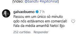 Comentário do Galvão Bueno respondendo a provocação do Craque Neto • Reprodução/Instagram