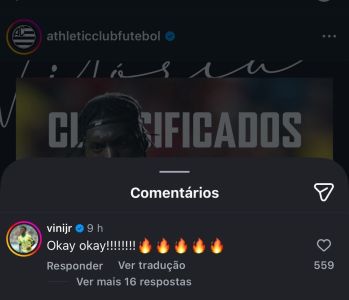 Vini Jr. nos comentários da publicação do Athletic • Reprodução/Instagram Athletic