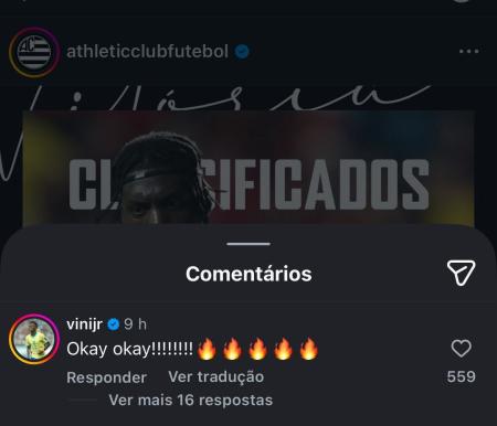 Vini Jr. nos comentários da publicação do Athletic • Reprodução/Instagram Athletic
