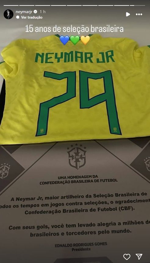 Neymar publicou uma homenagem da CBF pelos 79 gols marcados pela Seleção