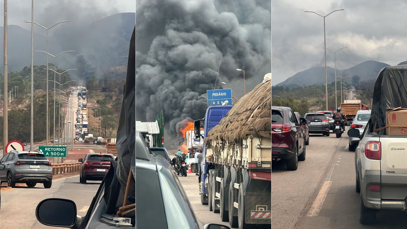 Carreta pega fogo no trevo de Moeda, na BR-040, na Grande BH